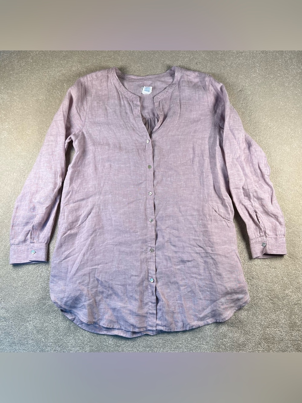 Sigrid Olsen 100% Linen Button Up Lightweight Pockets Roll 3 Quarter Sleeves Med